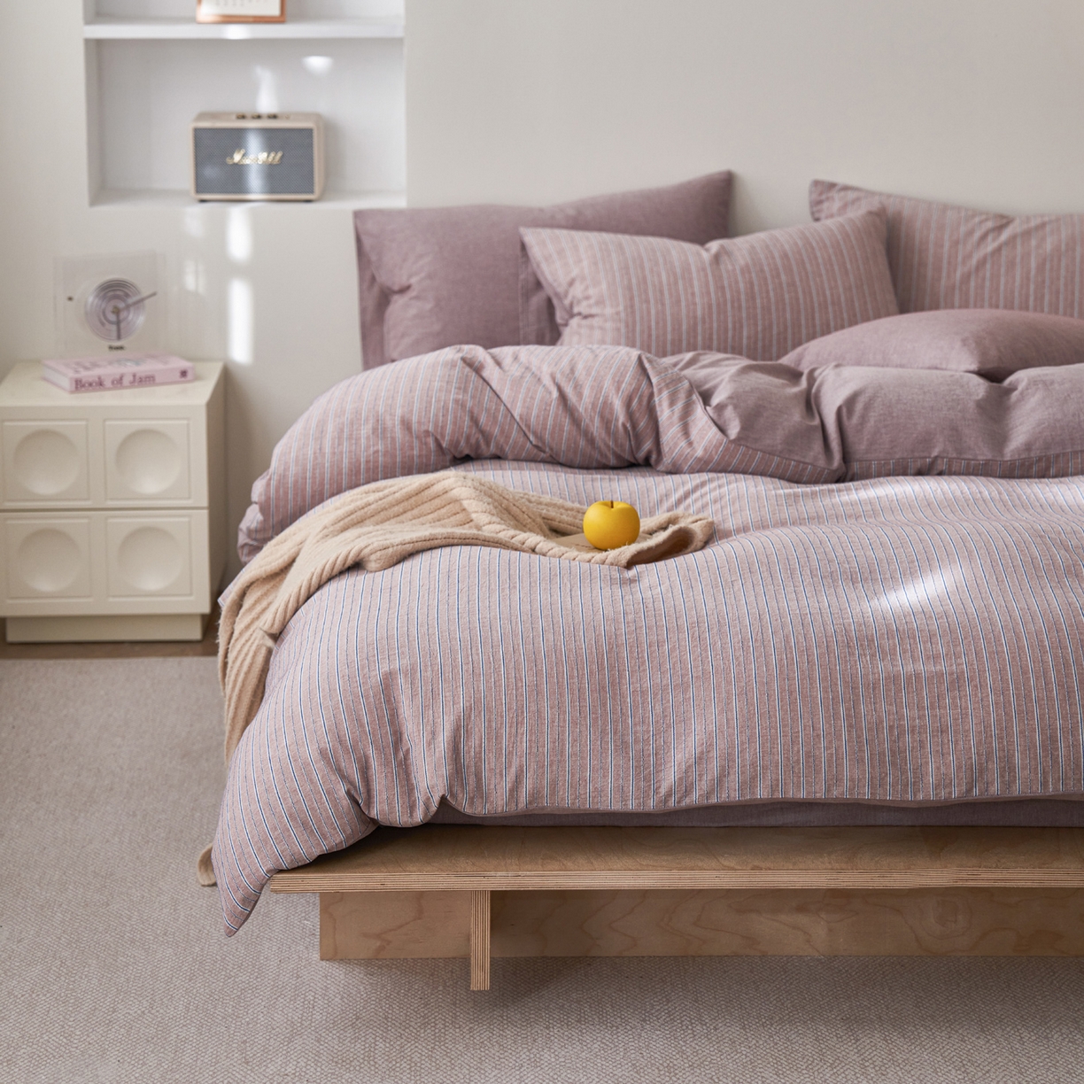 91家纺网 家纺一手货源 找家纺 如一 2026新款色织小提花条纹全棉纯棉水洗棉四件套 禾风-紫