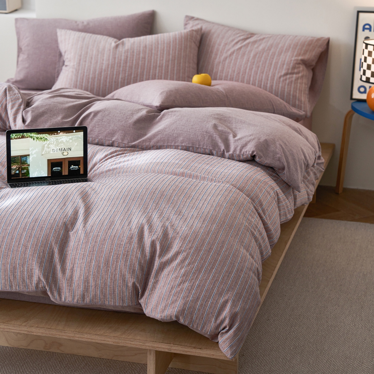 91家纺网 家纺一手货源 找家纺 如一 2026新款色织小提花条纹全棉纯棉水洗棉四件套 禾风-紫