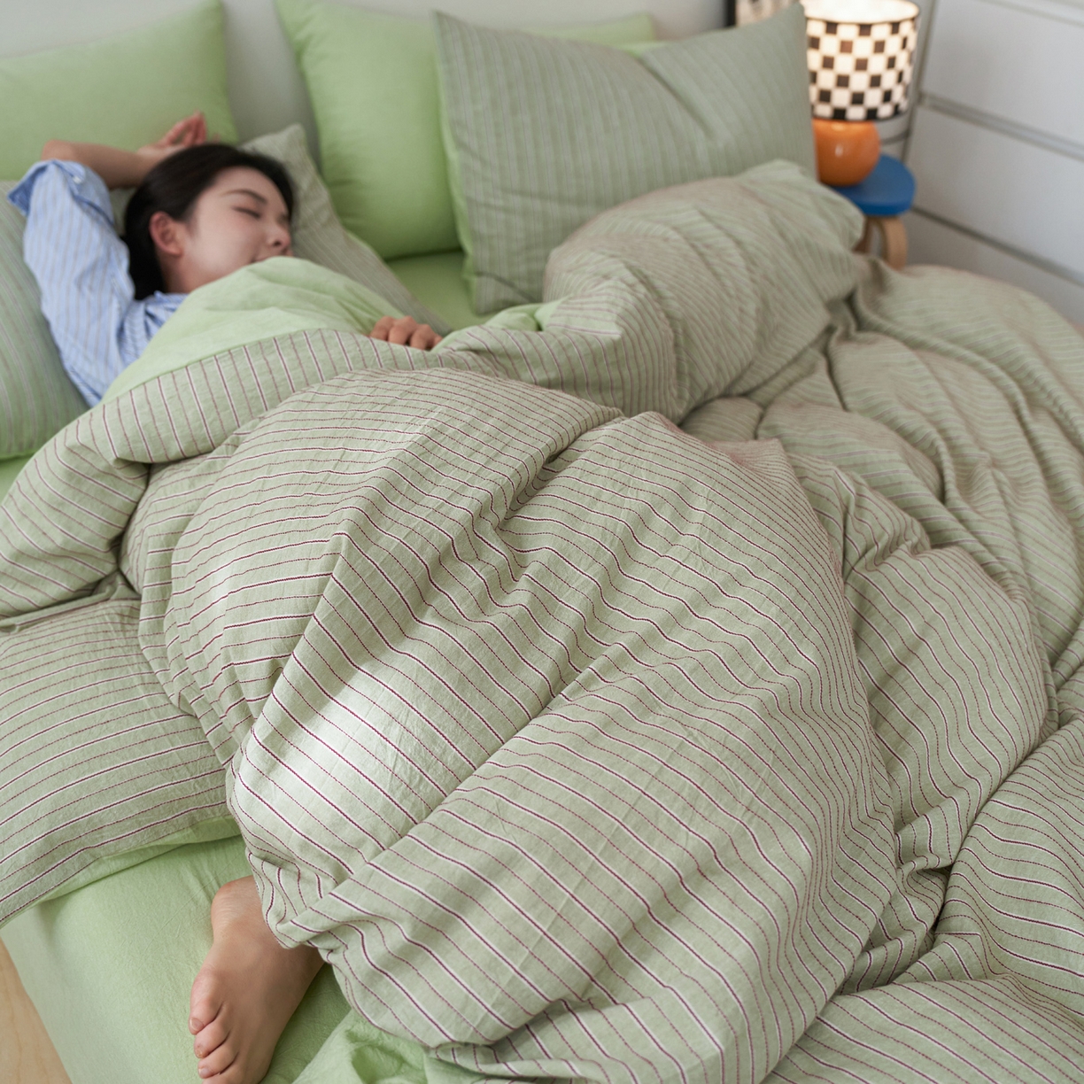 91家纺网 家纺一手货源 找家纺 如一 2026新款色织小提花条纹全棉纯棉水洗棉四件套 禾风-绿