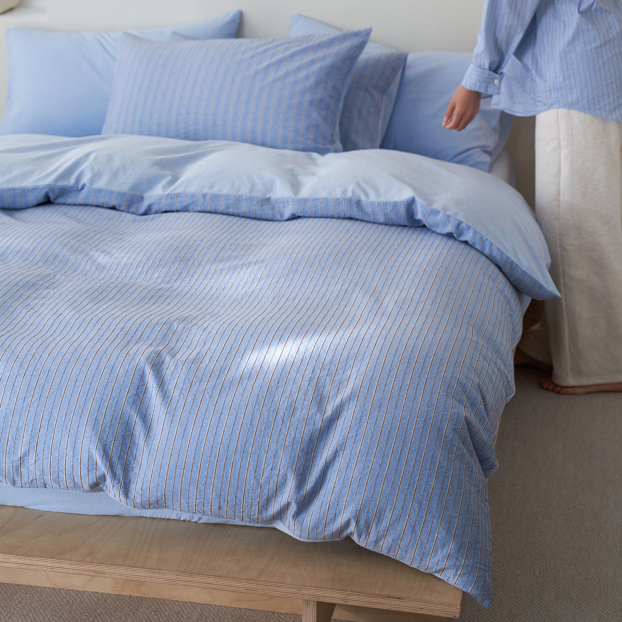 91家纺网 家纺一手货源 找家纺 如一 2026新款色织小提花条纹全棉纯棉水洗棉四件套 禾风-蓝