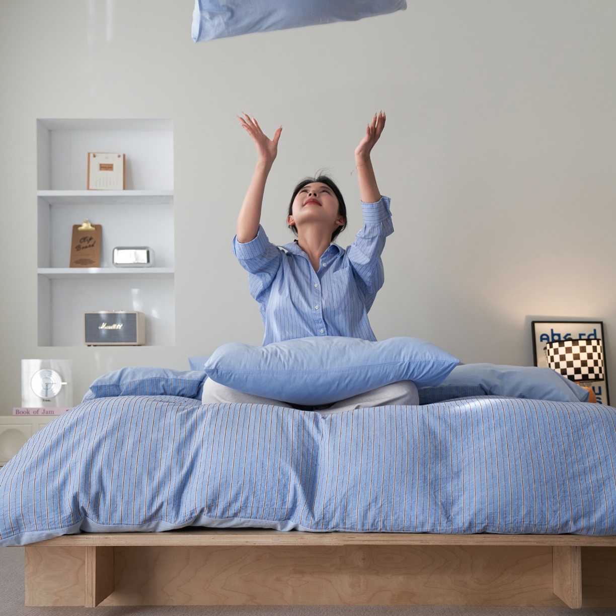 91家纺网 家纺一手货源 找家纺 如一 2026新款色织小提花条纹全棉纯棉水洗棉四件套 禾风-蓝