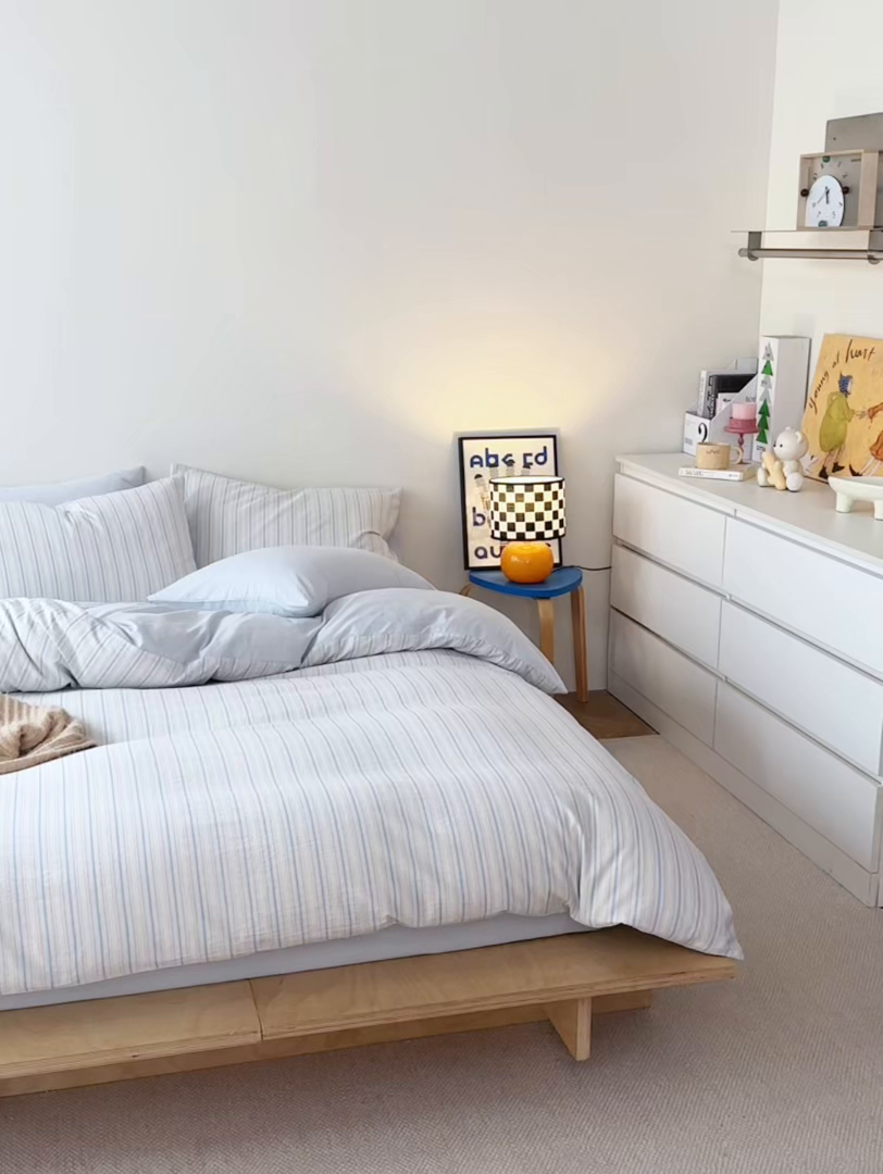 91家纺网 家纺一手货源 找家纺 如一 2026新款色织小提花条纹全棉纯棉水洗棉四件套 织野-粉