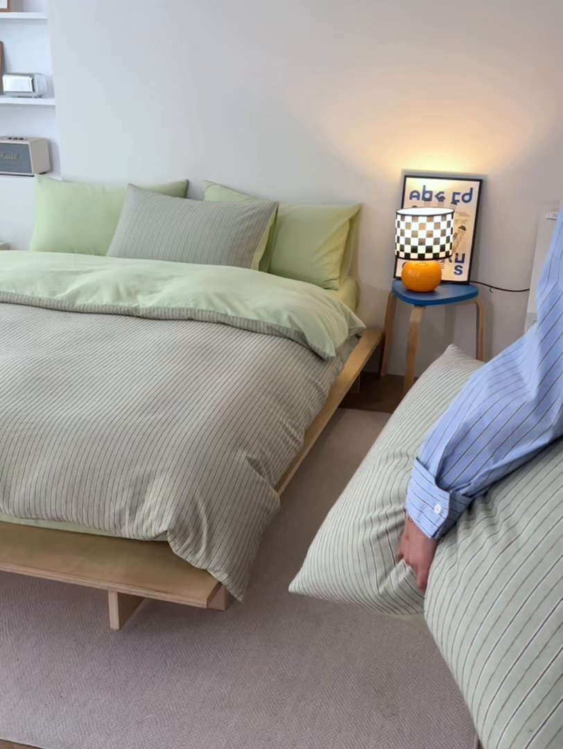 91家纺网 家纺一手货源 找家纺 如一 2026新款色织小提花条纹全棉纯棉水洗棉四件套 禾风-绿