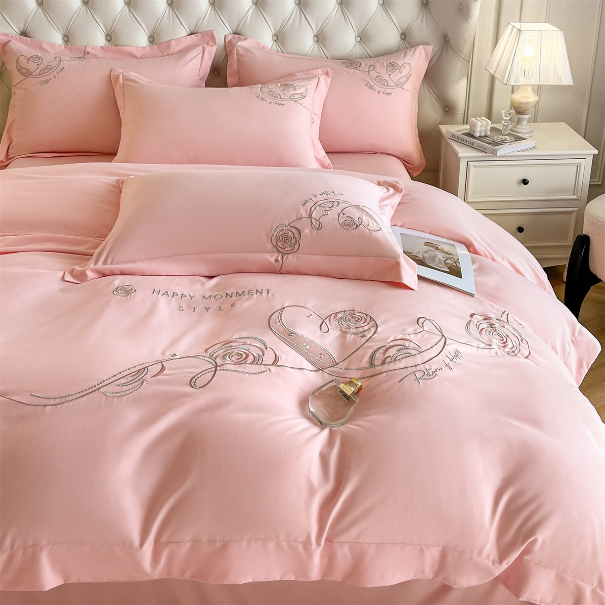 91家纺网 家纺一手货源 找家纺 经年 2026春夏新款云朵棉刺绣四件套-一见倾心 一见倾心-粉玉