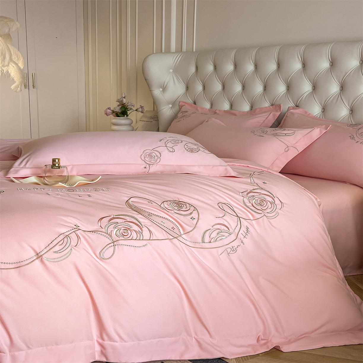 91家纺网 家纺一手货源 找家纺 经年 2026春夏新款云朵棉刺绣四件套-一见倾心 一见倾心-粉玉