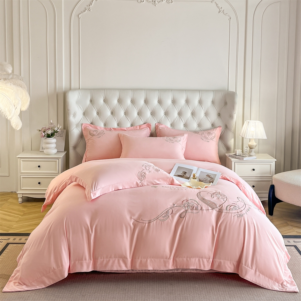 91家纺网 家纺一手货源 找家纺 经年 2026春夏新款云朵棉刺绣四件套-一见倾心 一见倾心-粉玉