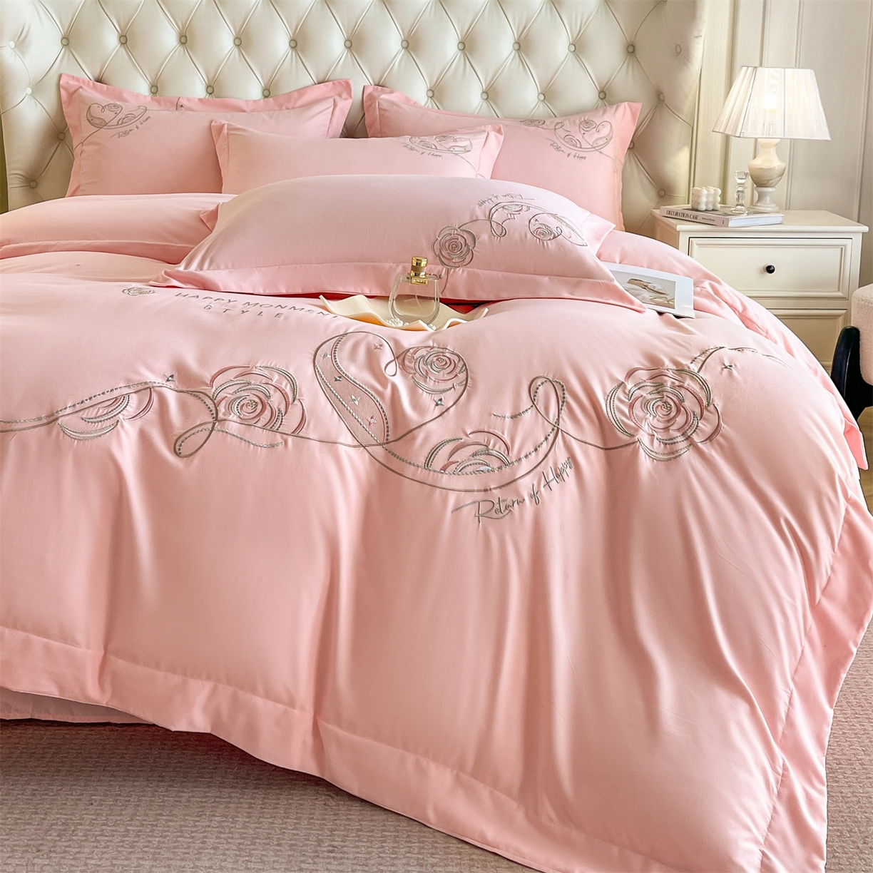 91家纺网 家纺一手货源 找家纺 经年 2026春夏新款云朵棉刺绣四件套-一见倾心 一见倾心-粉玉