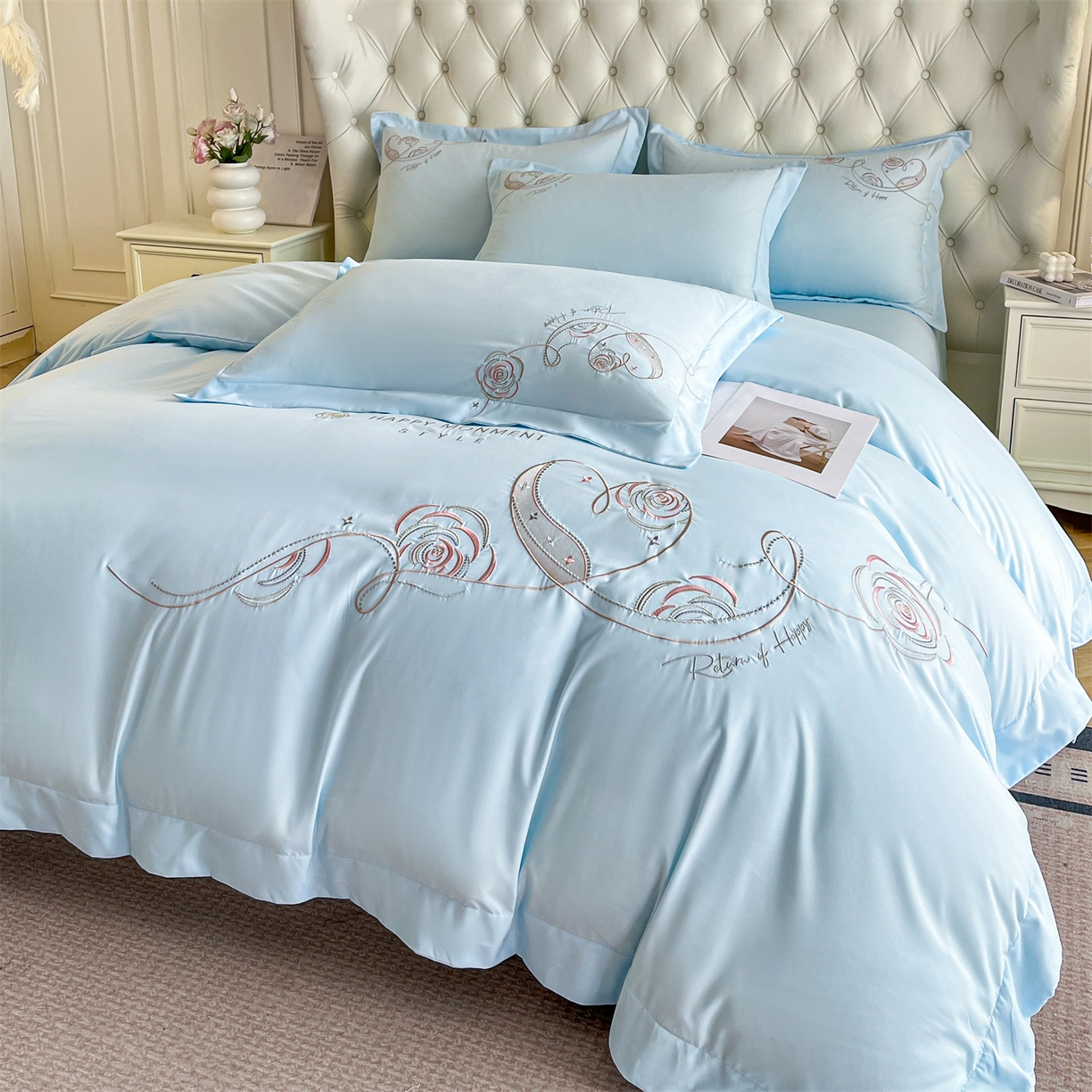 91家纺网 家纺一手货源 找家纺 经年 2026春夏新款云朵棉刺绣四件套-一见倾心 一见倾心-以太兰