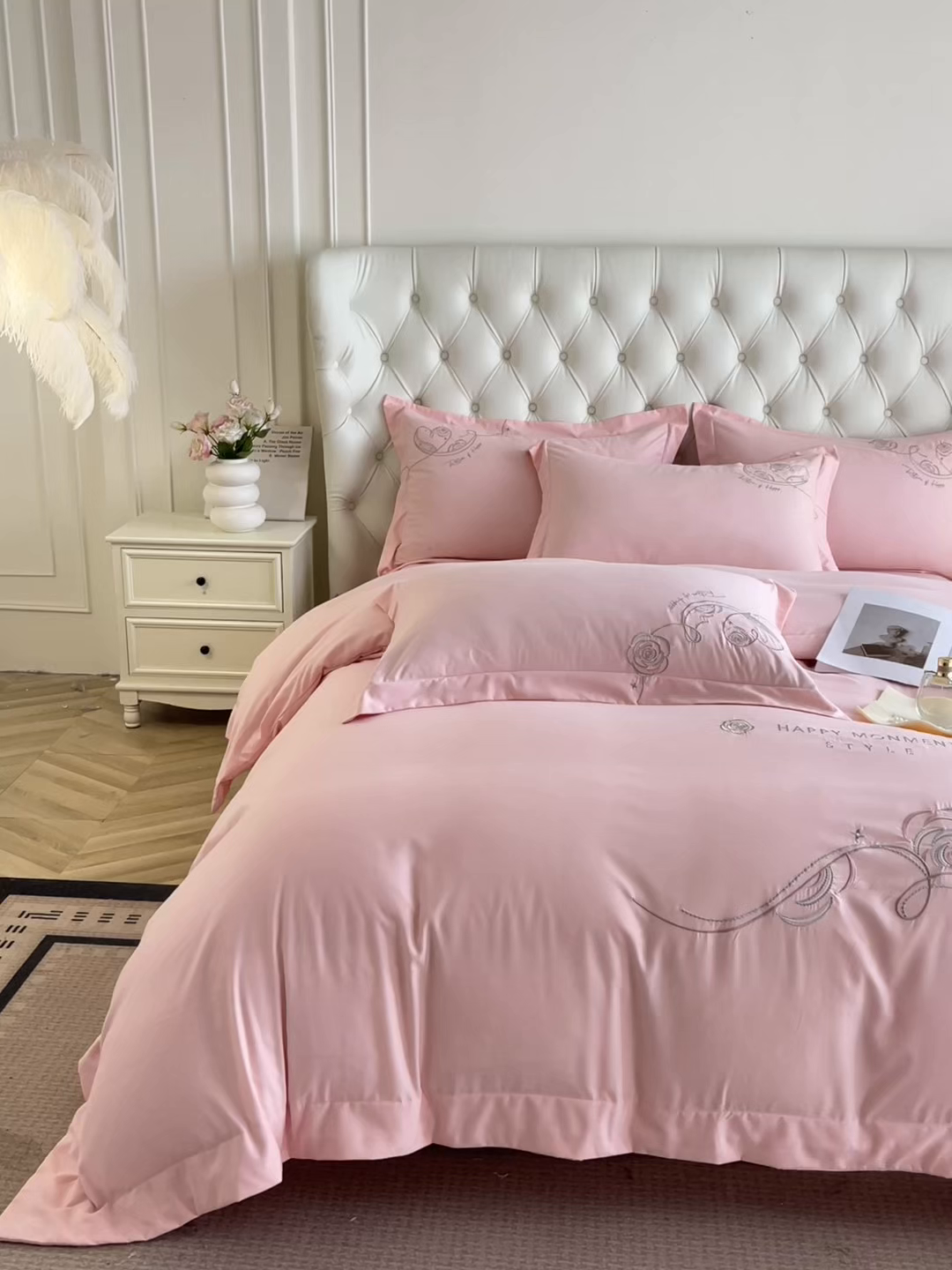 91家纺网 家纺一手货源 找家纺 经年 2026春夏新款云朵棉刺绣四件套-一见倾心 一见倾心-粉玉