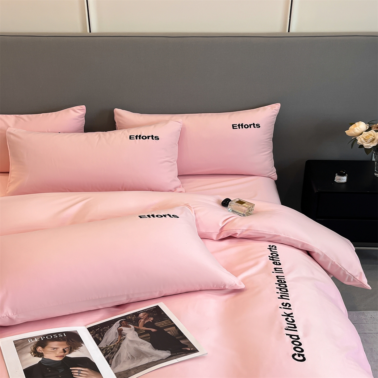 91家纺网 家纺一手货源 找家纺 经年 2026春夏新款亲肤棉加厚磨毛刺绣四件套-励志 励志-粉