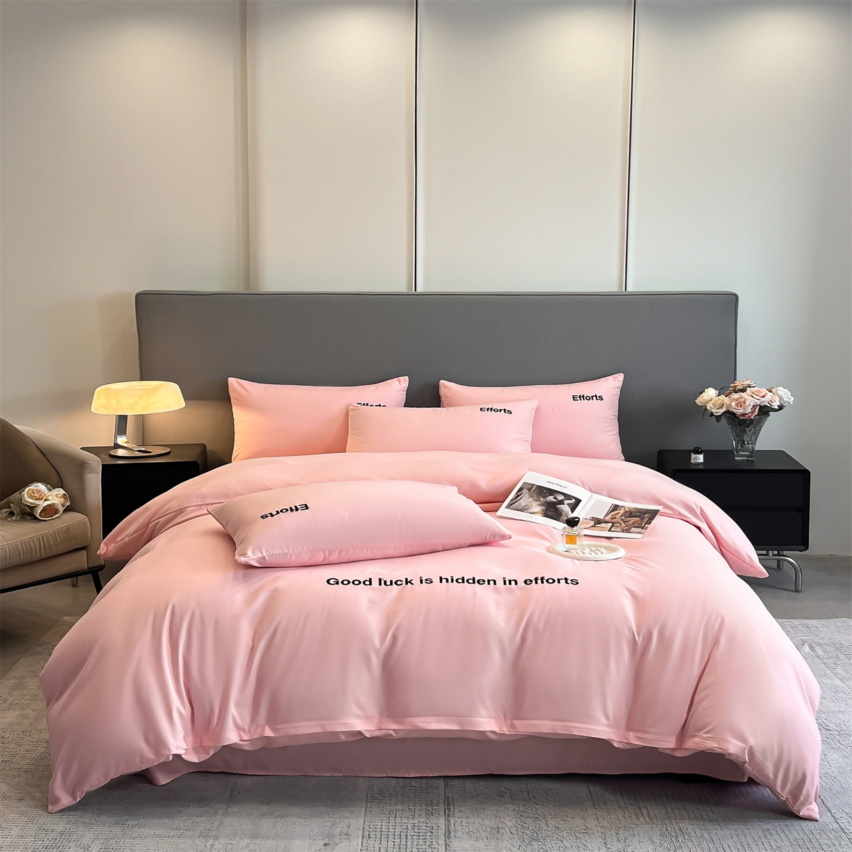 91家纺网 家纺一手货源 找家纺 经年 2026春夏新款亲肤棉加厚磨毛刺绣四件套-励志 励志-粉