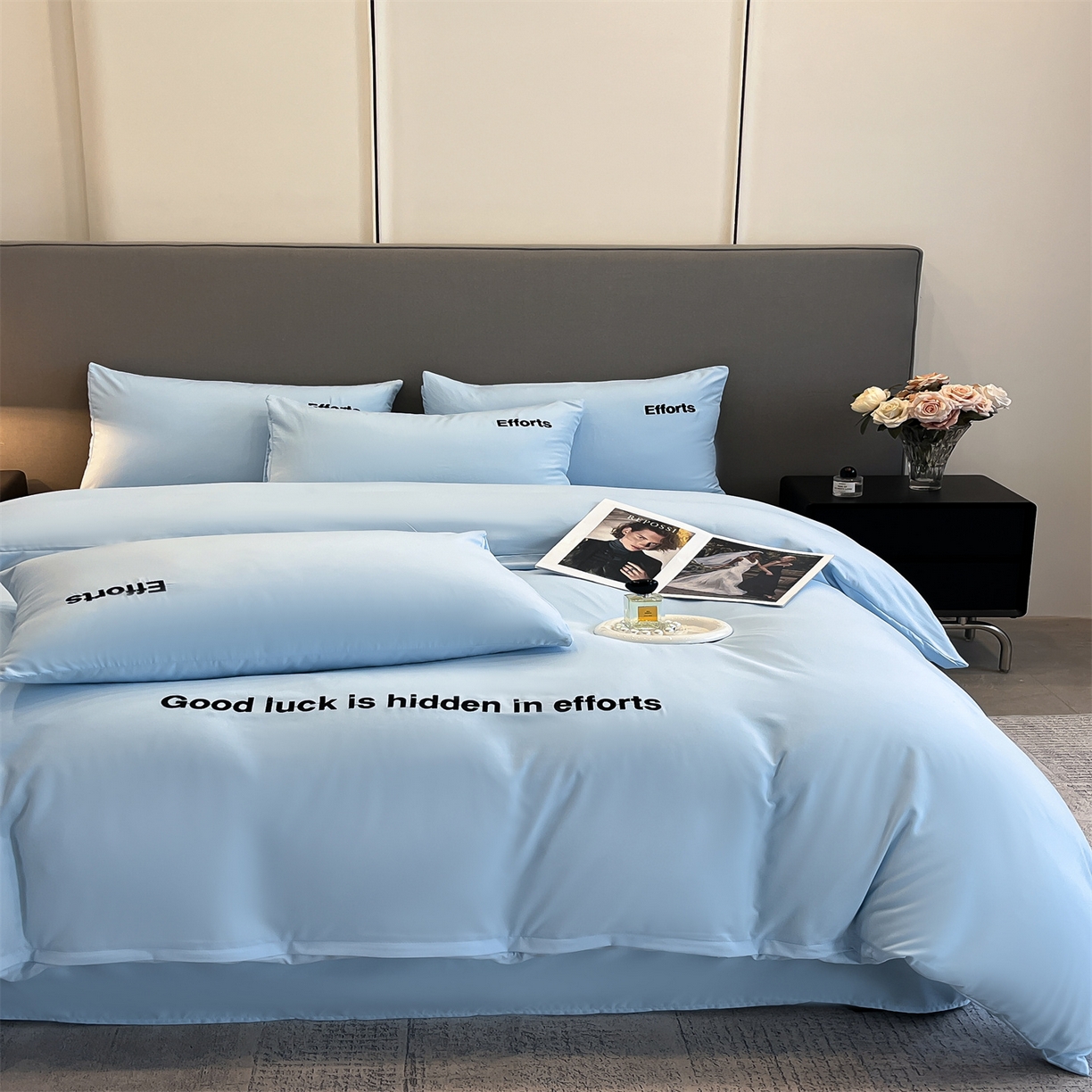 91家纺网 家纺一手货源 找家纺 经年 2026春夏新款亲肤棉加厚磨毛刺绣四件套-励志 励志-蓝