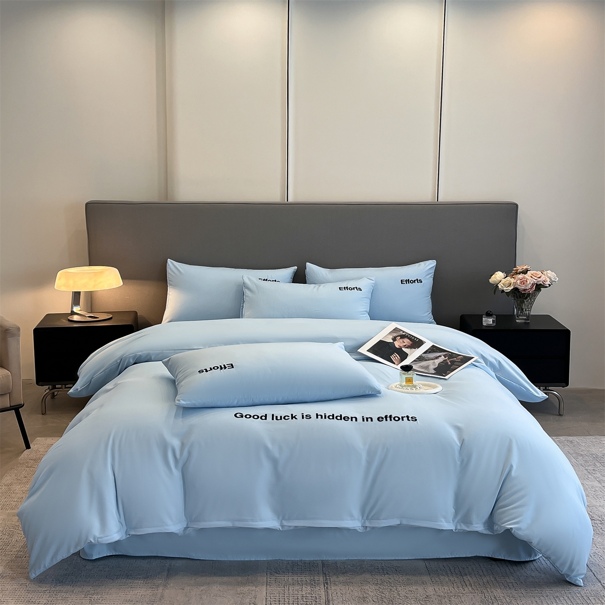 91家纺网 家纺一手货源 找家纺 经年 2026春夏新款亲肤棉加厚磨毛刺绣四件套-励志 励志-蓝