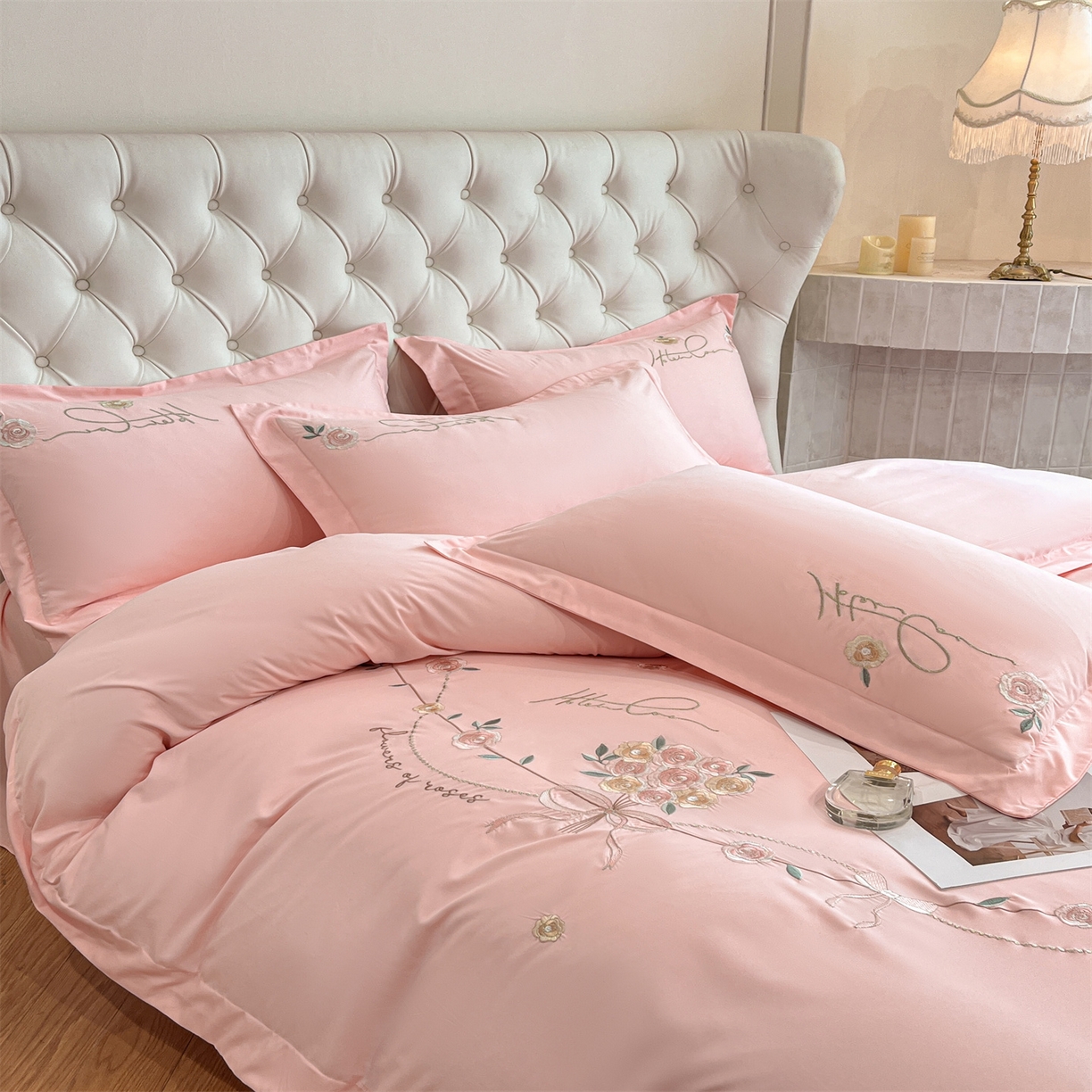 91家纺网 家纺一手货源 找家纺 经年 2026春夏新款云朵棉刺绣四件套-约定 约定-粉玉