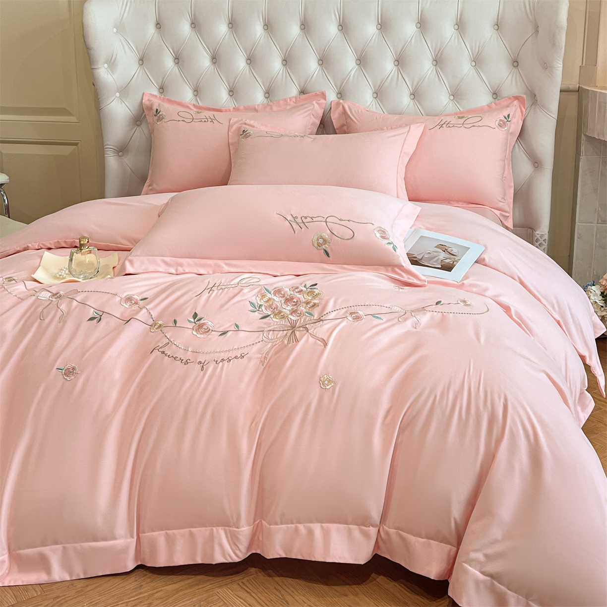 91家纺网 家纺一手货源 找家纺 经年 2026春夏新款云朵棉刺绣四件套-约定 约定-粉玉