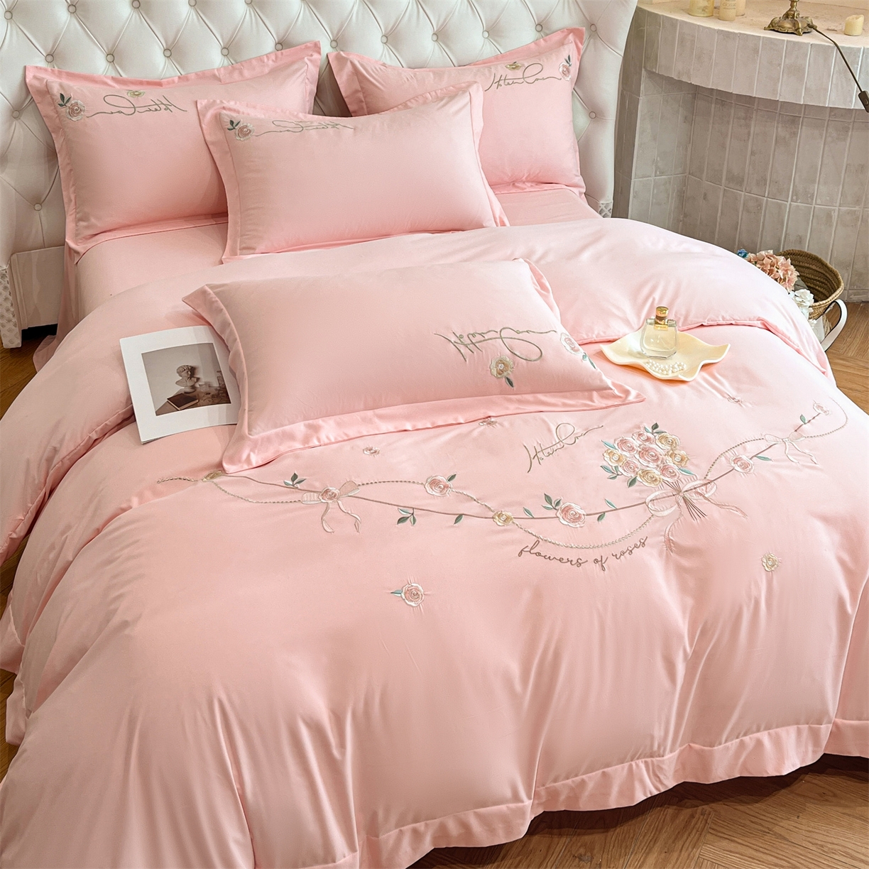 91家纺网 家纺一手货源 找家纺 经年 2026春夏新款云朵棉刺绣四件套-约定 约定-粉玉