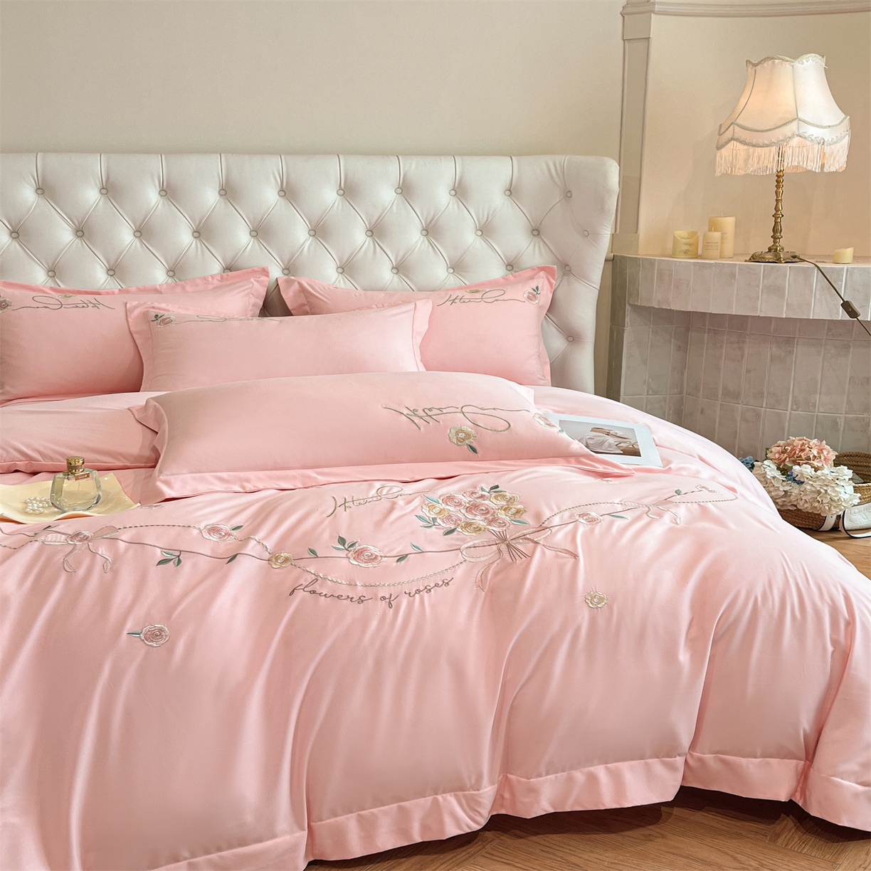 91家纺网 家纺一手货源 找家纺 经年 2026春夏新款云朵棉刺绣四件套-约定 约定-粉玉