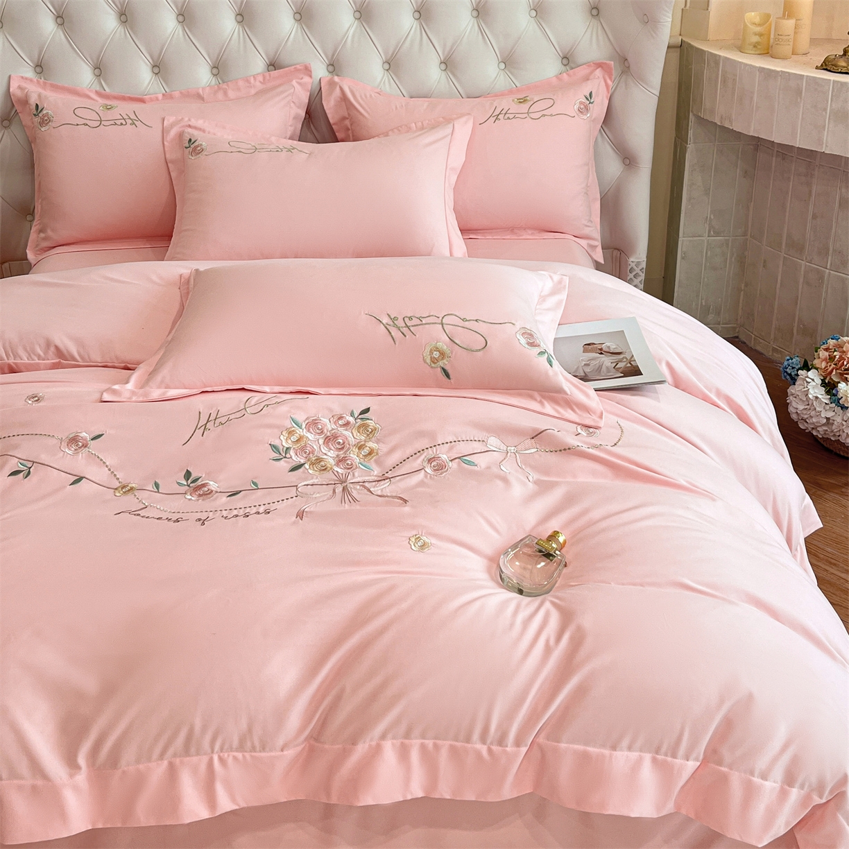 91家纺网 家纺一手货源 找家纺 经年 2026春夏新款云朵棉刺绣四件套-约定 约定-粉玉