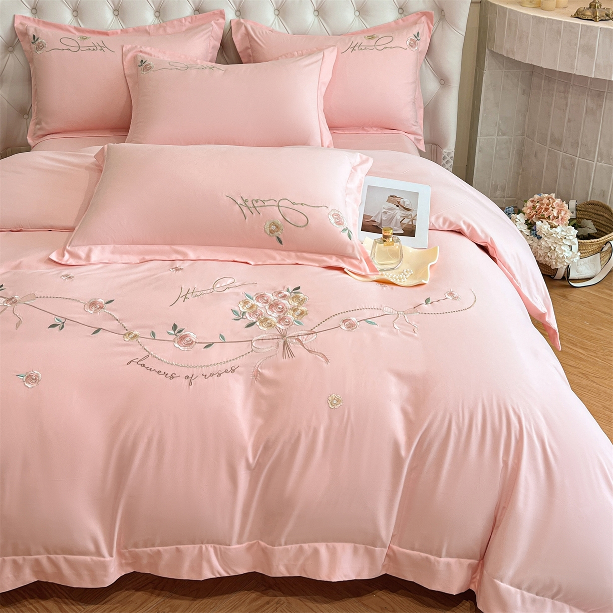 91家纺网 家纺一手货源 找家纺 经年 2026春夏新款云朵棉刺绣四件套-约定 约定-粉玉