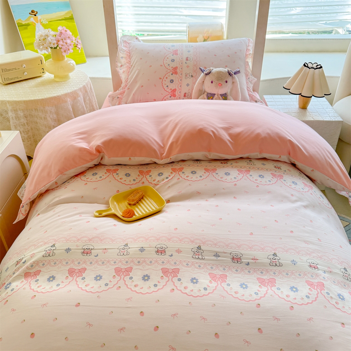 91家纺网 家纺一手货源 找家纺 （总）经年 2026新款学生季上下铺韩版花边水洗云朵棉学生宿舍三件套四件套