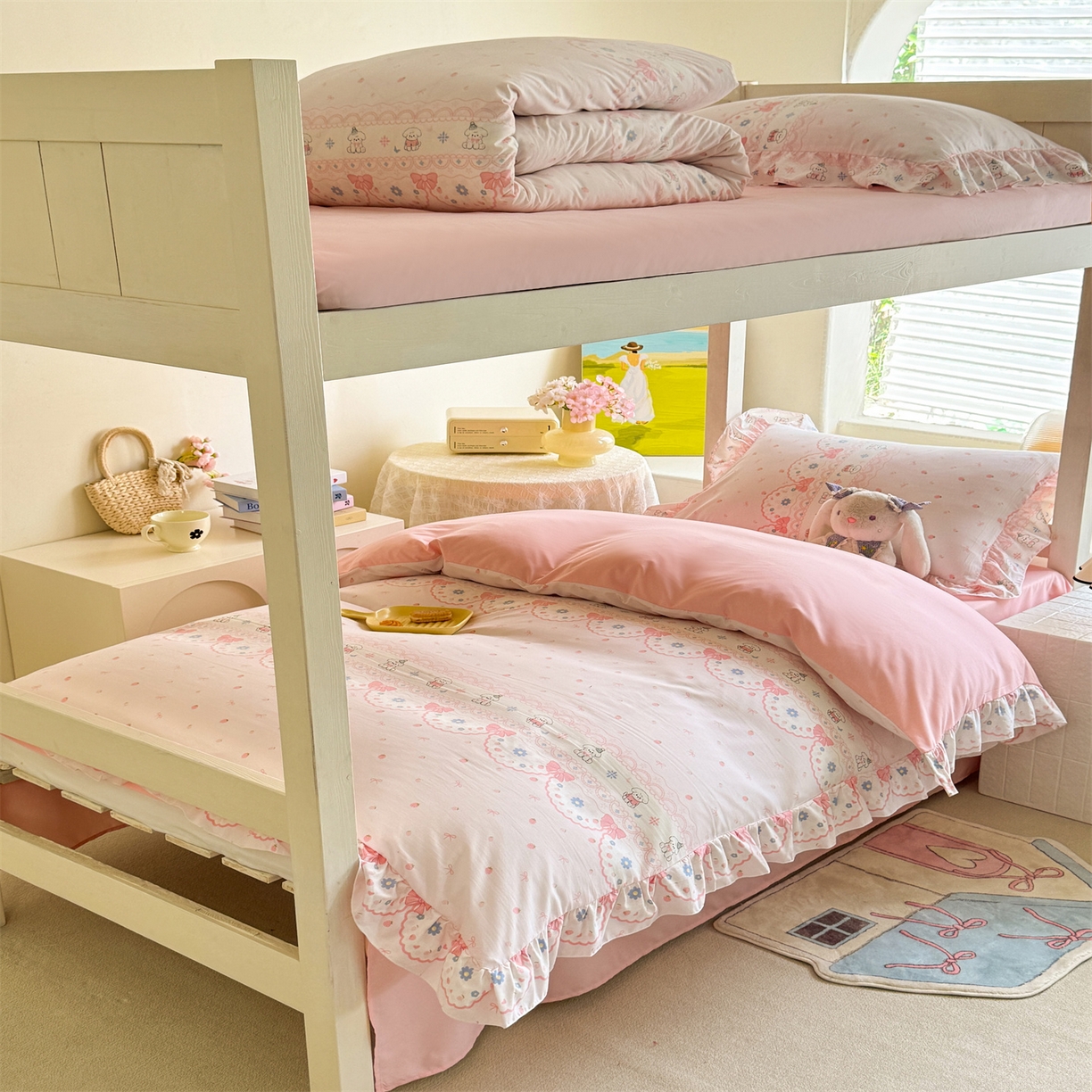 91家纺网 家纺一手货源 找家纺 （总）经年 2026新款学生季上下铺韩版花边水洗云朵棉学生宿舍三件套四件套