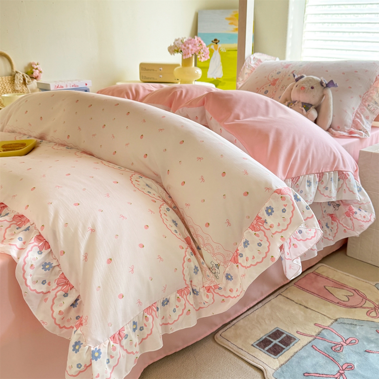 91家纺网 家纺一手货源 找家纺 （总）经年 2026新款学生季上下铺韩版花边水洗云朵棉学生宿舍三件套四件套