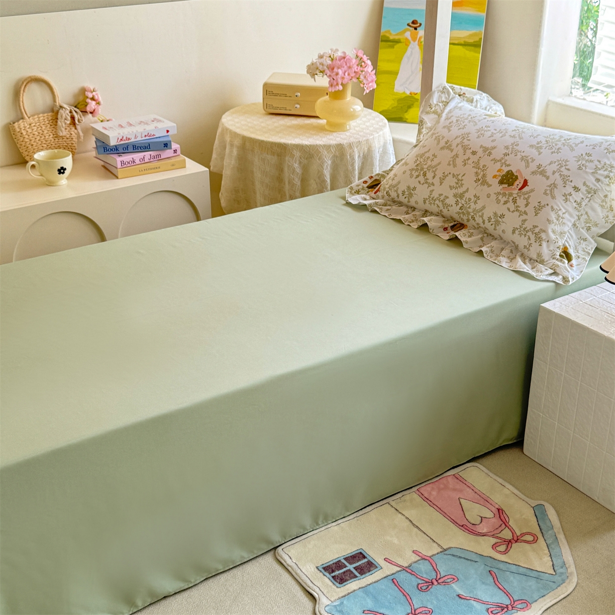 91家纺网 家纺一手货源 找家纺 经年 2026新款学生季上下铺韩版花边水洗云朵棉学生宿舍三件套四件套 森林兔绿