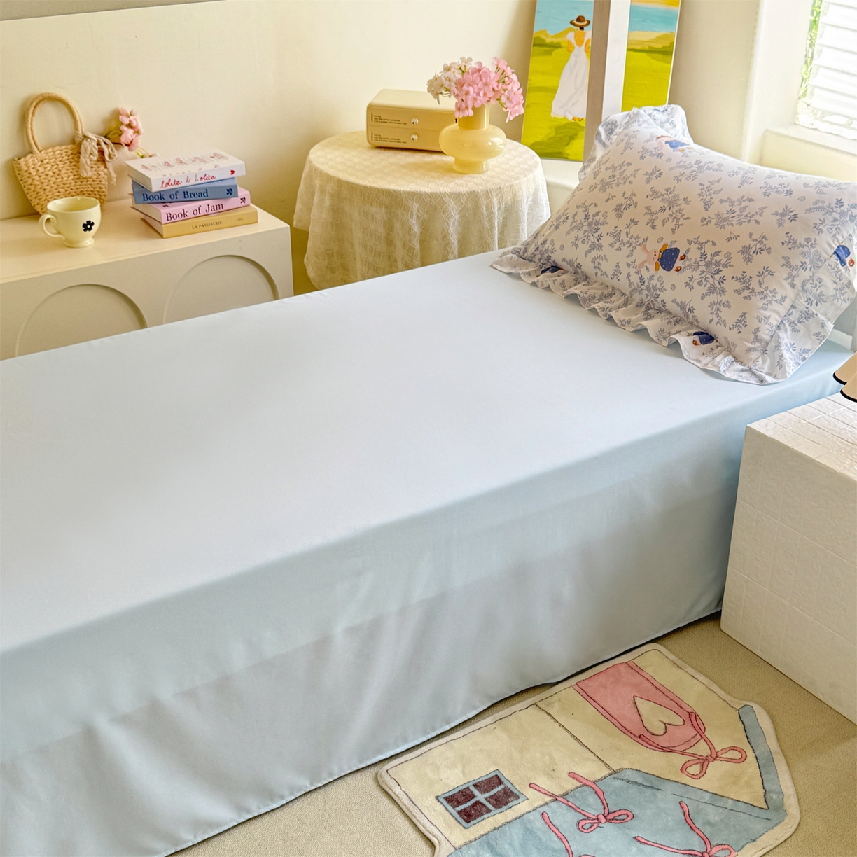 91家纺网 家纺一手货源 找家纺 经年 2026新款学生季上下铺韩版花边水洗云朵棉学生宿舍三件套四件套 森林兔蓝