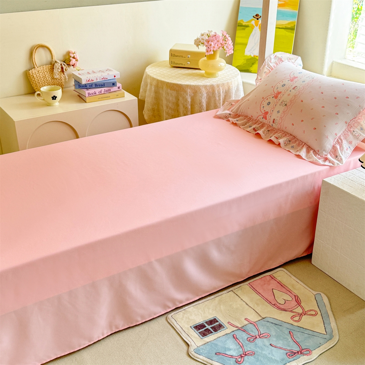 91家纺网 家纺一手货源 找家纺 经年 2026新款学生季上下铺韩版花边水洗云朵棉学生宿舍三件套四件套 布丁狗粉