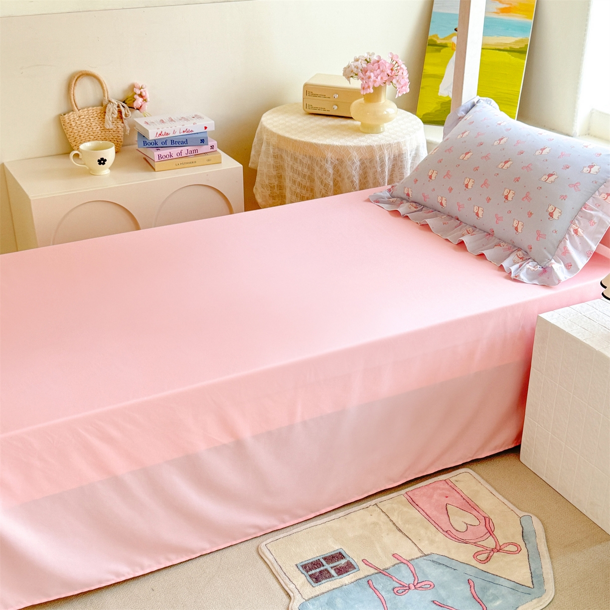 91家纺网 家纺一手货源 找家纺 经年 2026新款学生季上下铺韩版花边水洗云朵棉学生宿舍三件套四件套 蝴蝶结小狗