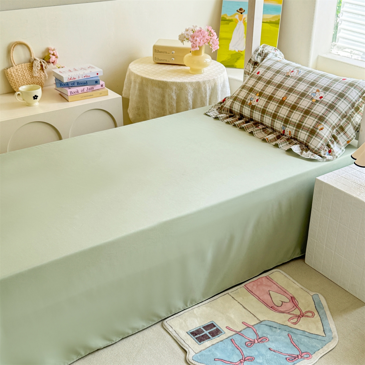 91家纺网 家纺一手货源 找家纺 经年 2026新款学生季上下铺韩版花边水洗云朵棉学生宿舍三件套四件套 复古K猫绿