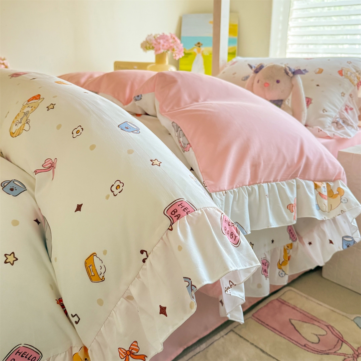 91家纺网 家纺一手货源 找家纺 经年 2026新款学生季上下铺韩版花边水洗云朵棉学生宿舍三件套四件套 可爱修狗