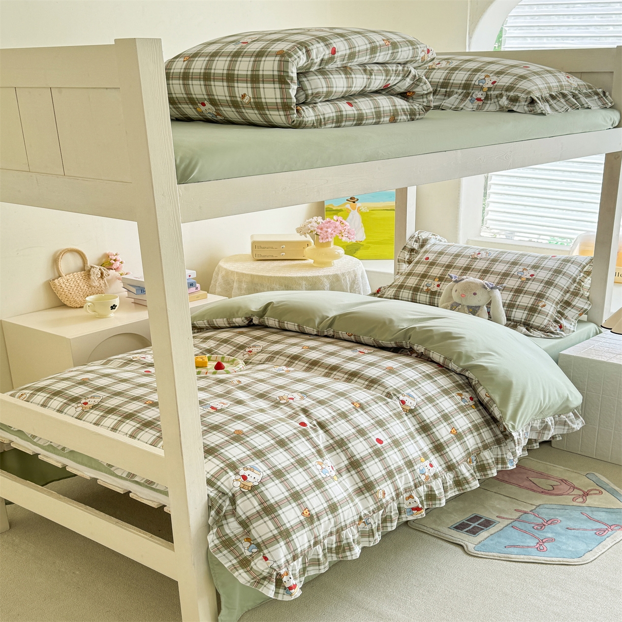 91家纺网 家纺一手货源 找家纺 经年 2026新款学生季上下铺韩版花边水洗云朵棉学生宿舍三件套四件套 复古K猫绿