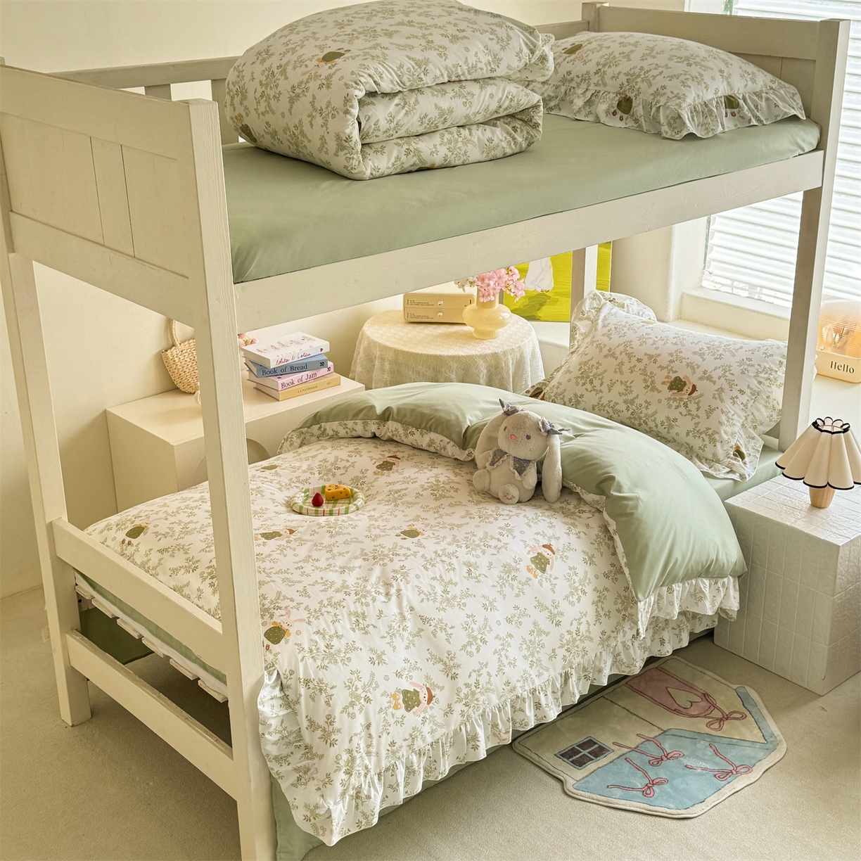 经年 2026新款学生季上下铺韩版花边水洗云朵棉学生宿舍三件套四件套 森林兔绿