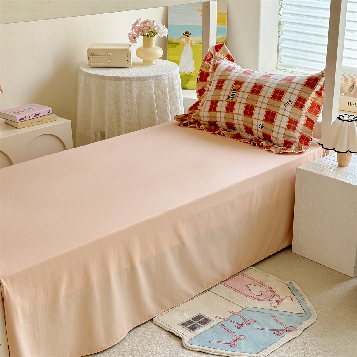 91家纺网 家纺一手货源 找家纺 经年 2026新款学生季上下铺韩版花边水洗云朵棉学生宿舍三件套四件套 苏兰咖格狗