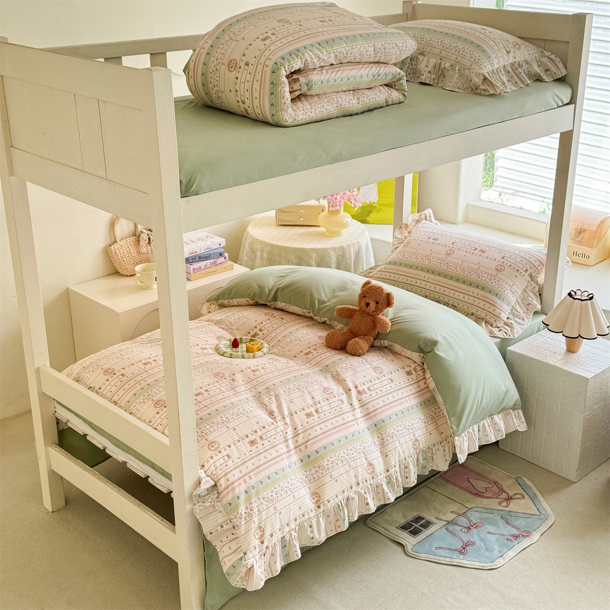 经年 2026新款学生季上下铺韩版花边水洗云朵棉学生宿舍三件套四件套 泡芙小兔