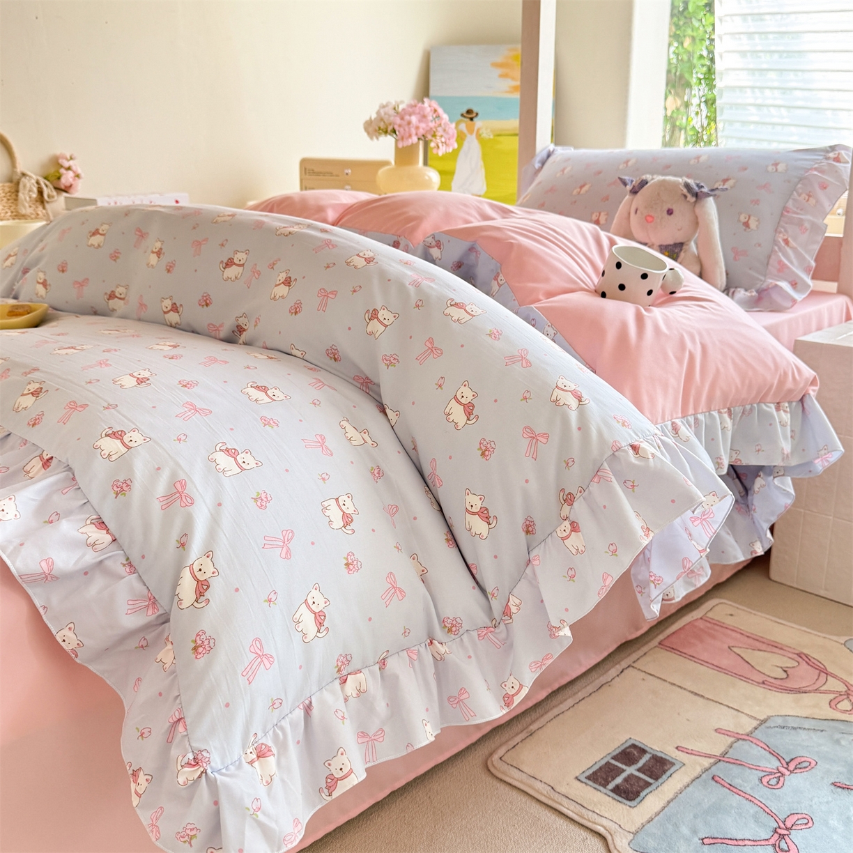 91家纺网 家纺一手货源 找家纺 经年 2026新款学生季上下铺韩版花边水洗云朵棉学生宿舍三件套四件套 蝴蝶结小狗