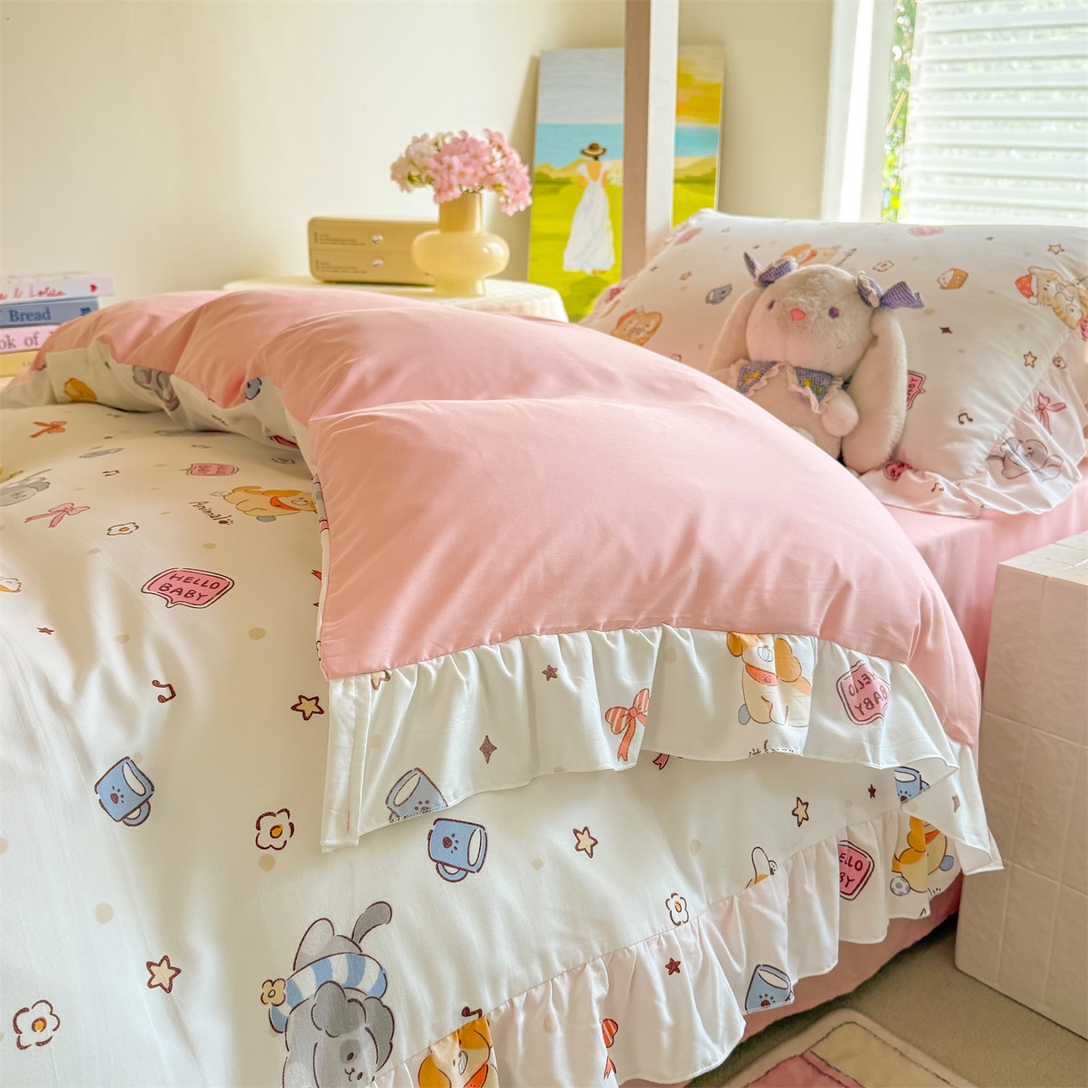 91家纺网 家纺一手货源 找家纺 经年 2026新款学生季上下铺韩版花边水洗云朵棉学生宿舍三件套四件套 可爱修狗