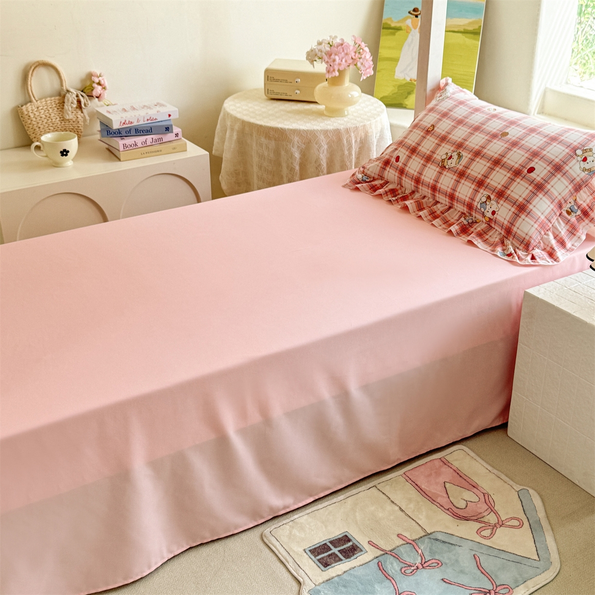 91家纺网 家纺一手货源 找家纺 经年 2026新款学生季上下铺韩版花边水洗云朵棉学生宿舍三件套四件套 复古K猫粉