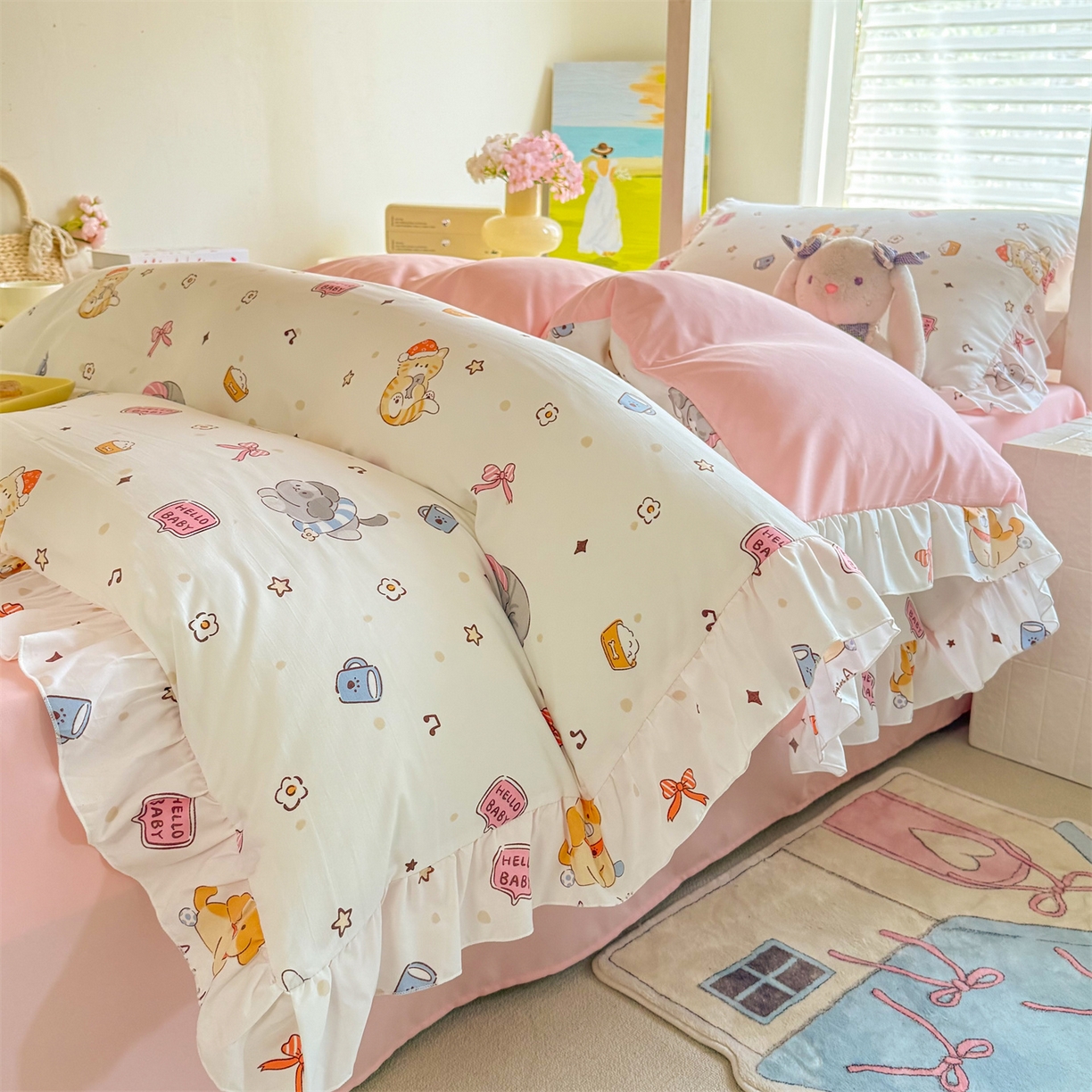 91家纺网 家纺一手货源 找家纺 经年 2026新款学生季上下铺韩版花边水洗云朵棉学生宿舍三件套四件套 可爱修狗