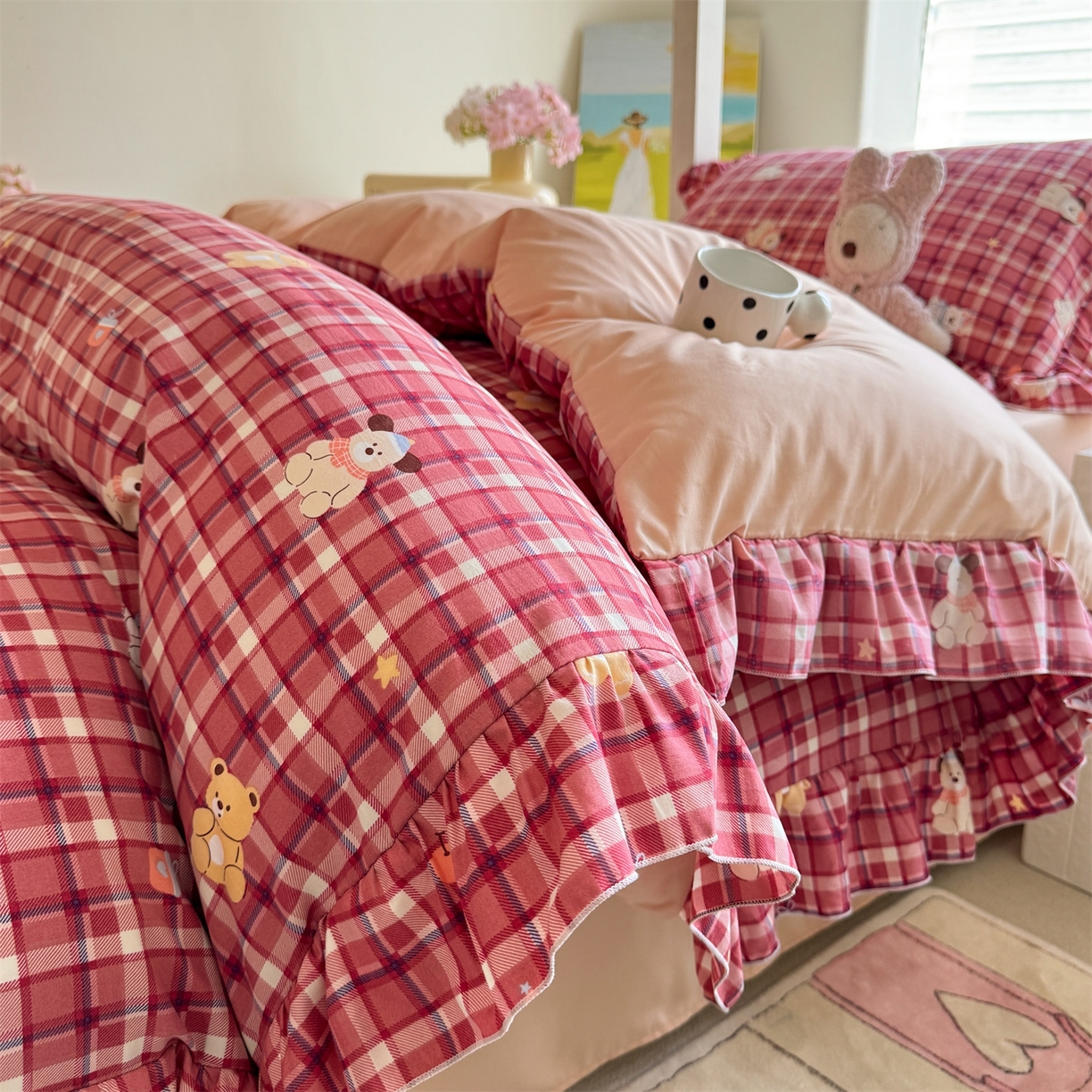 91家纺网 家纺一手货源 找家纺 经年 2026新款学生季上下铺韩版花边水洗云朵棉学生宿舍三件套四件套 奶芙酱