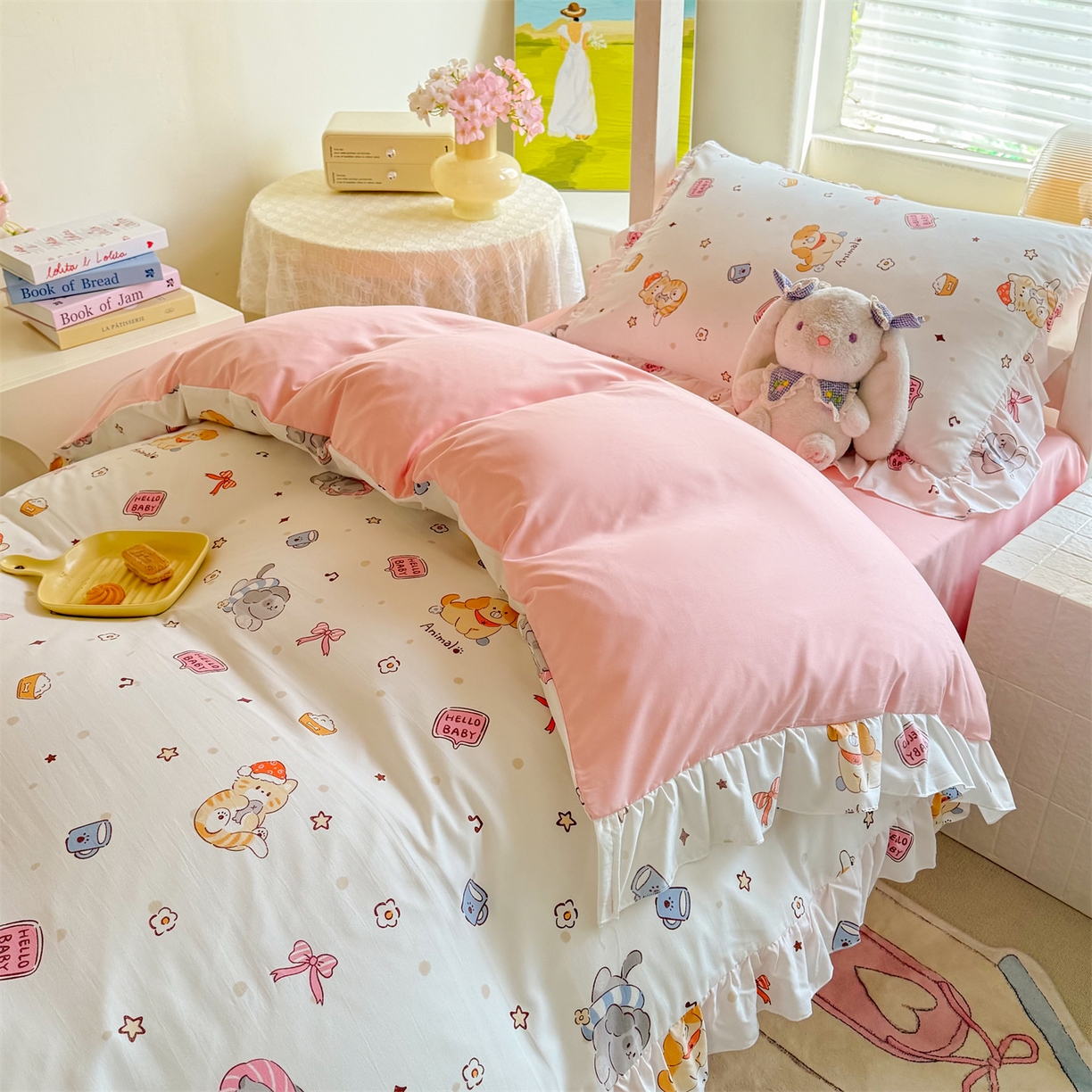 91家纺网 家纺一手货源 找家纺 经年 2026新款学生季上下铺韩版花边水洗云朵棉学生宿舍三件套四件套 可爱修狗