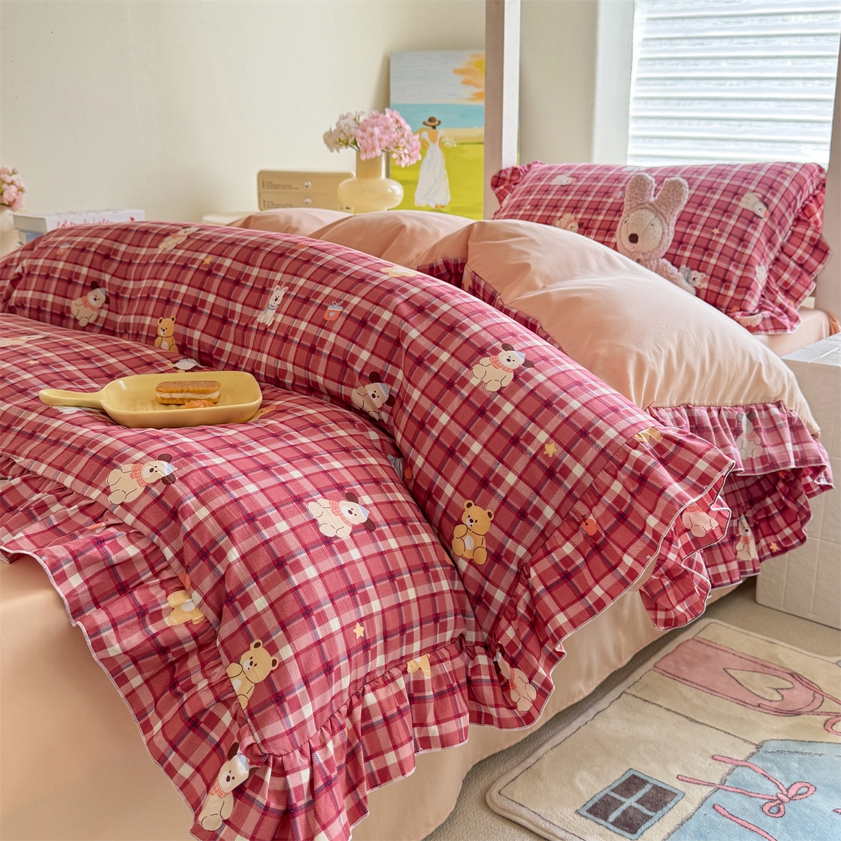 91家纺网 家纺一手货源 找家纺 经年 2026新款学生季上下铺韩版花边水洗云朵棉学生宿舍三件套四件套 奶芙酱