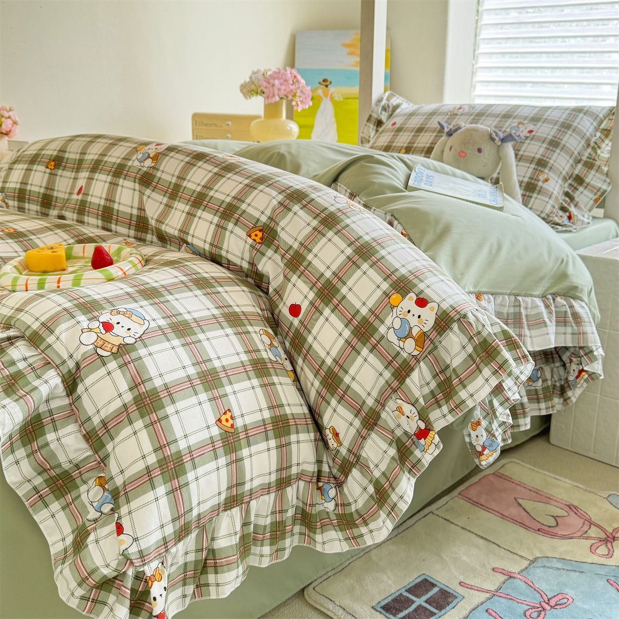 91家纺网 家纺一手货源 找家纺 经年 2026新款学生季上下铺韩版花边水洗云朵棉学生宿舍三件套四件套 复古K猫绿