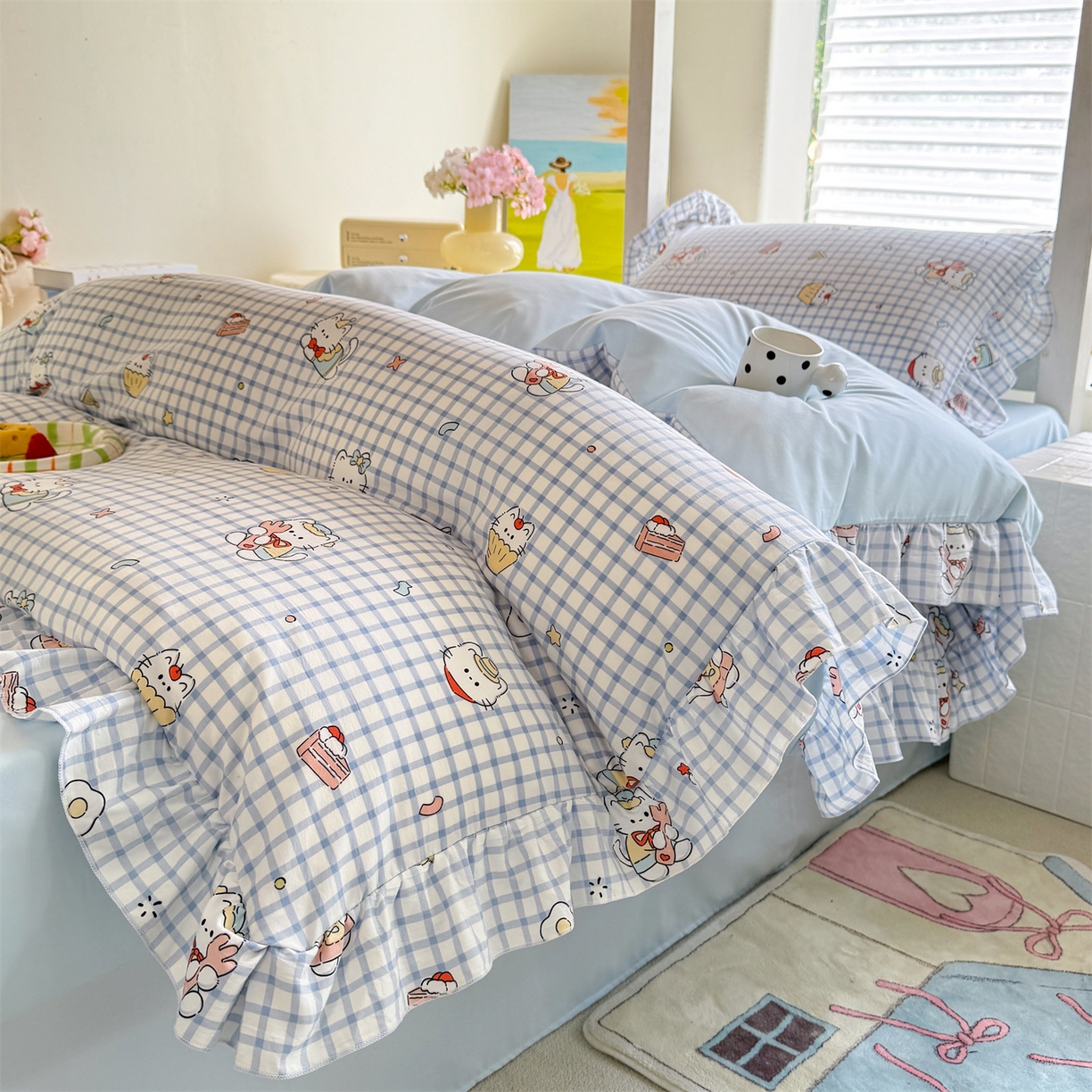 91家纺网 家纺一手货源 找家纺 经年 2026新款学生季上下铺韩版花边水洗云朵棉学生宿舍三件套四件套 蓝格小猫