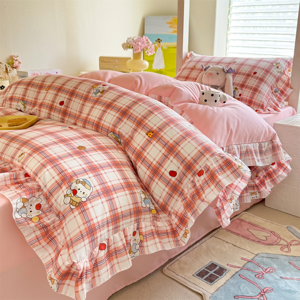 91家纺网 家纺一手货源 找家纺 经年 2026新款学生季上下铺韩版花边水洗云朵棉学生宿舍三件套四件套 复古K猫粉