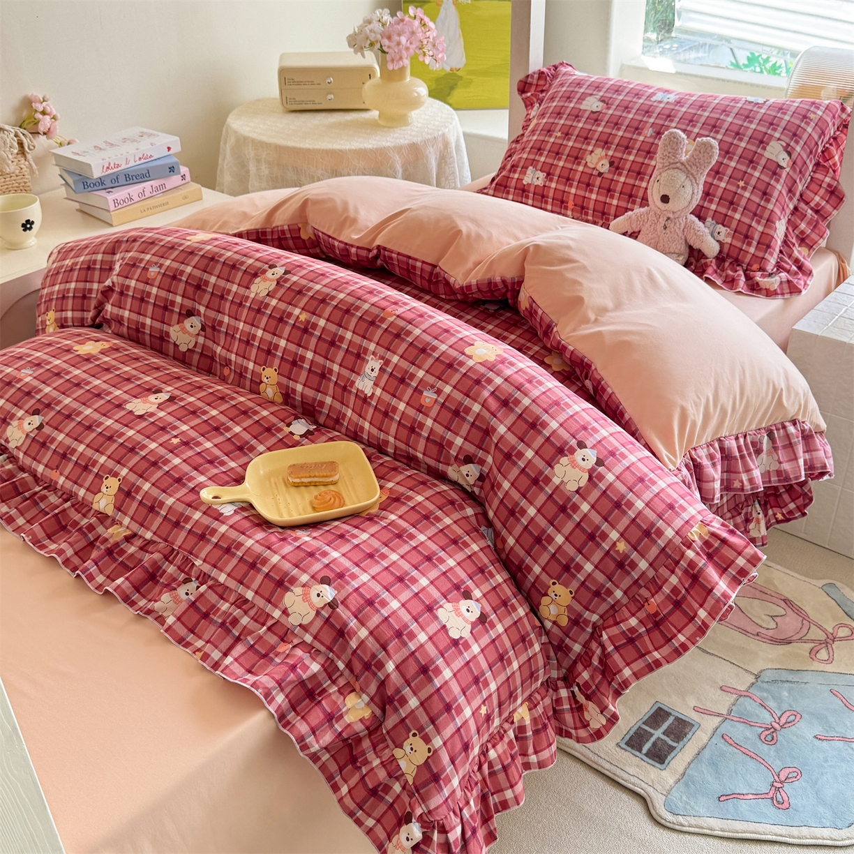 91家纺网 家纺一手货源 找家纺 经年 2026新款学生季上下铺韩版花边水洗云朵棉学生宿舍三件套四件套 奶芙酱