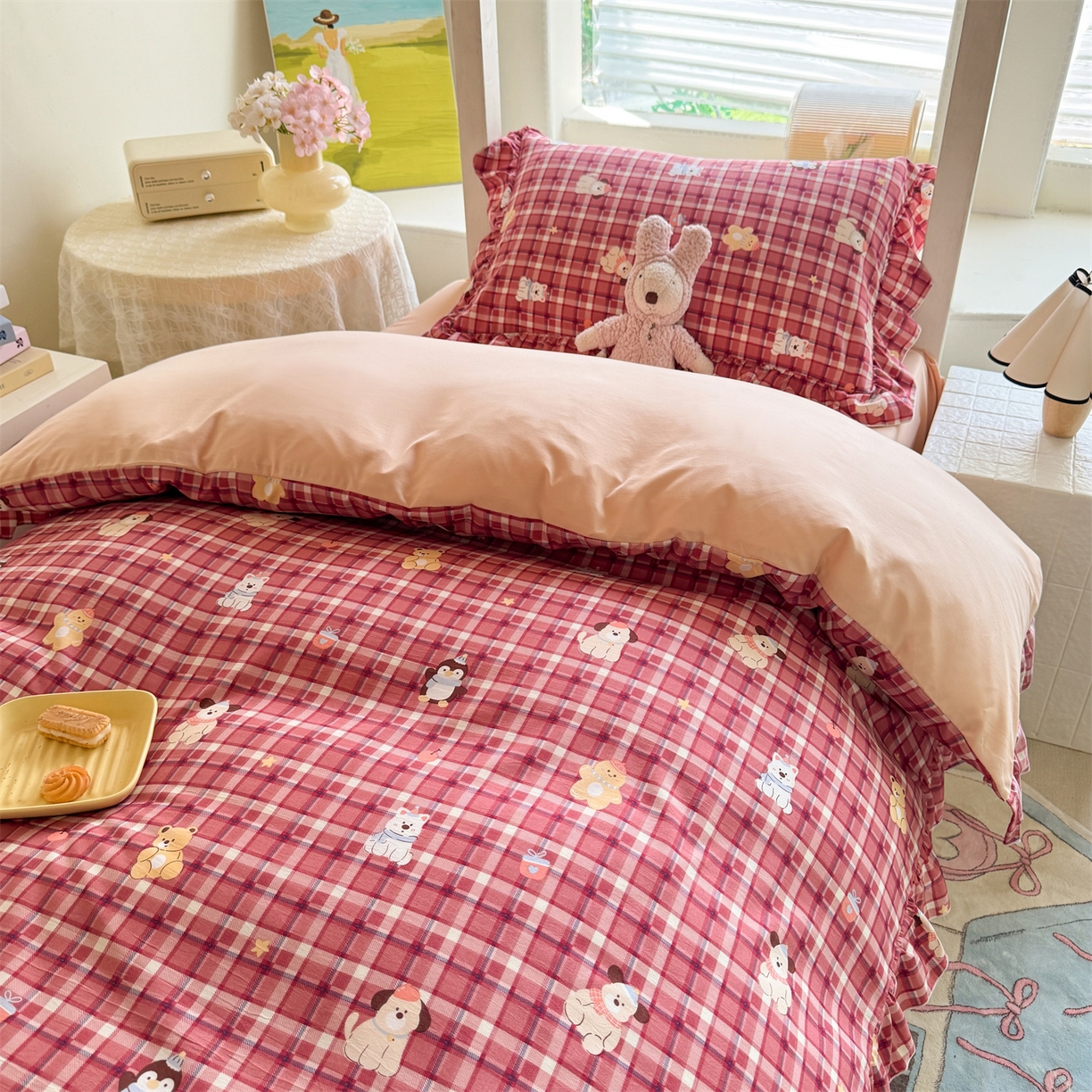 91家纺网 家纺一手货源 找家纺 经年 2026新款学生季上下铺韩版花边水洗云朵棉学生宿舍三件套四件套 奶芙酱