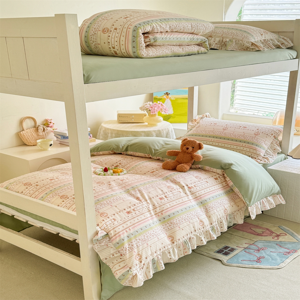 91家纺网 家纺一手货源 找家纺 经年 2026新款学生季上下铺韩版花边水洗云朵棉学生宿舍三件套四件套 泡芙小兔