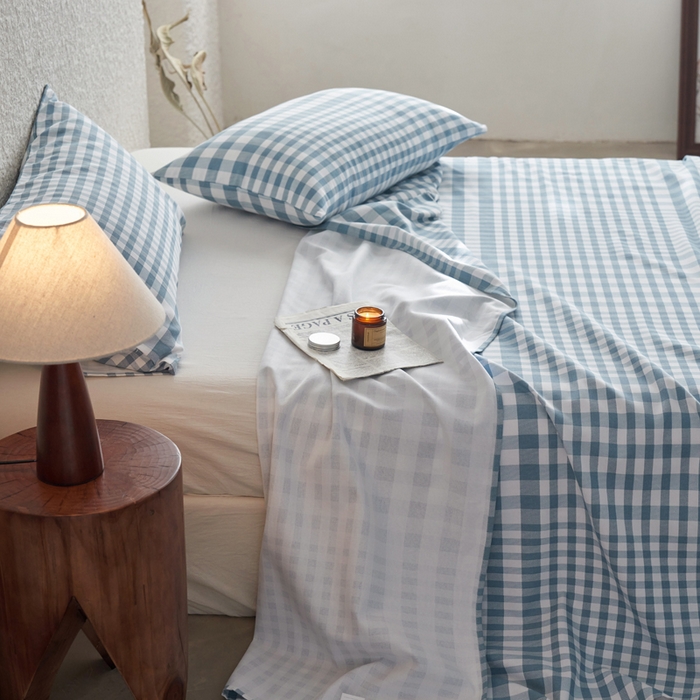 91家纺网 家纺一手货源 找家纺 小懒猪 2026新品全棉纯棉老粗布单品床单床单单件凉席席子 浅蓝格